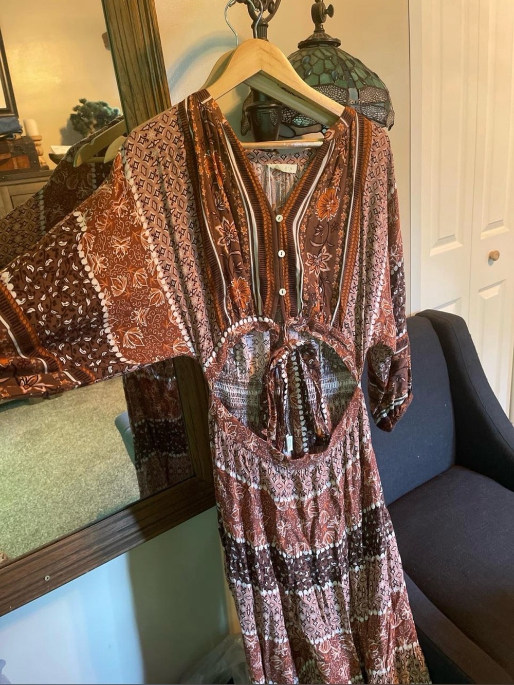 Boho Floral Patchwork Brown Maxi Dress with Tie Waist